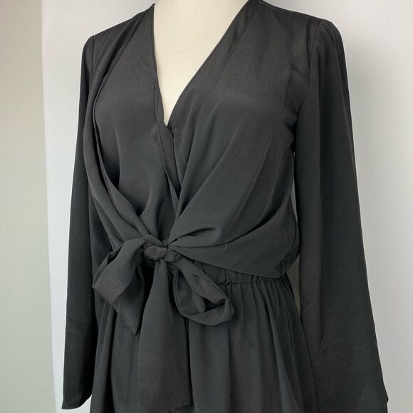 TOPSHOP Tiffany Knot Black Long Sleeve V-neck Mini Dress - Picture 6 of 11